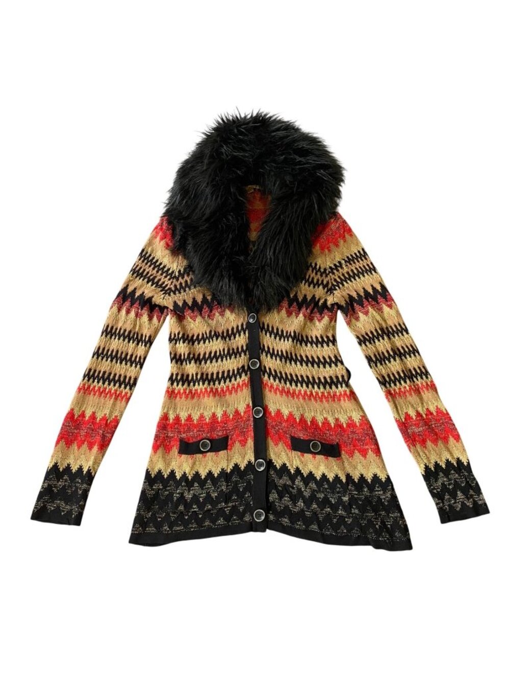 Boston Proper Chevron Knit Jacket Faux Fur Collar Button Front Medium